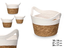 Giftdecor Lot de 3 corbeilles rondes avec anses blanc et naturel 16 cm haut, grand 26x20 cm (Set de 8)
