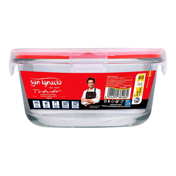 San Ignacio Toledo Boîte hermétique en verre borosilicate rond 800 ml avec couvercle PP et silicone rouge, Ø16 x 8 cm