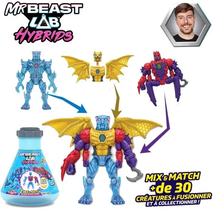MrBeast Lab Pack de 2 figurines Mix & Match - 2 Figurines hybrides à fusionner + demi-figurine dragon doré - Collection de plus de 30 créatures MrBeast Lab Pack de 2 figurines Mix & Match - 2 Figurines hybrides à fusionner + demi-figurine dragon doré - Collection de plus de 30 créatures