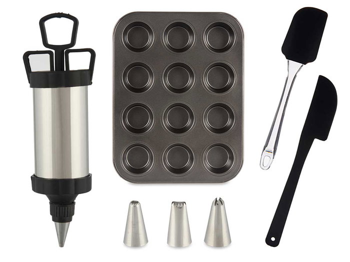 Kinvara Set de pâtisserie avec moule, poche à douille et spatule 5x22x31 cm Noir (Set de 12)