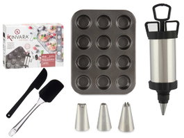 Kinvara Set de pâtisserie avec moule, poche à douille et spatule 5x22x31 cm Noir (Set de 12)