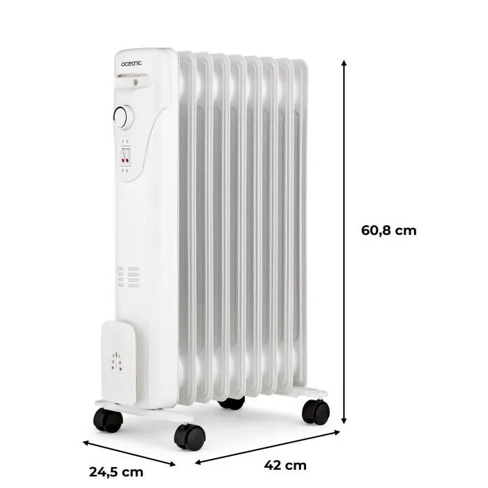 Oceanic Radiateur électrique bain d'huile 2000 Watts - 9 éléments - 3 puissances (800/1200/2000 W) - Mobile avec roulettes - Blanc