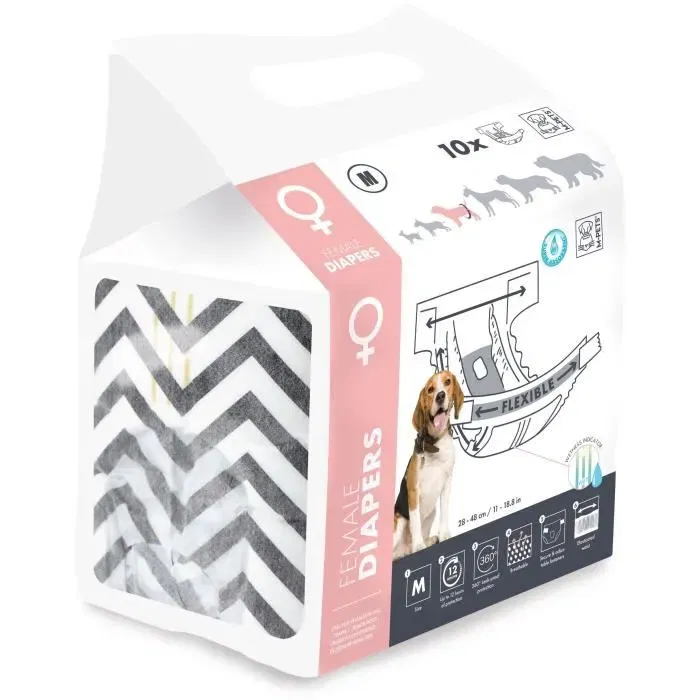 M PETS DIAPERS Couches pour chienne taille M (30-42,5 cm) 4-10 kg avec indicateur d'humidité et protection 12h - Lot de 10