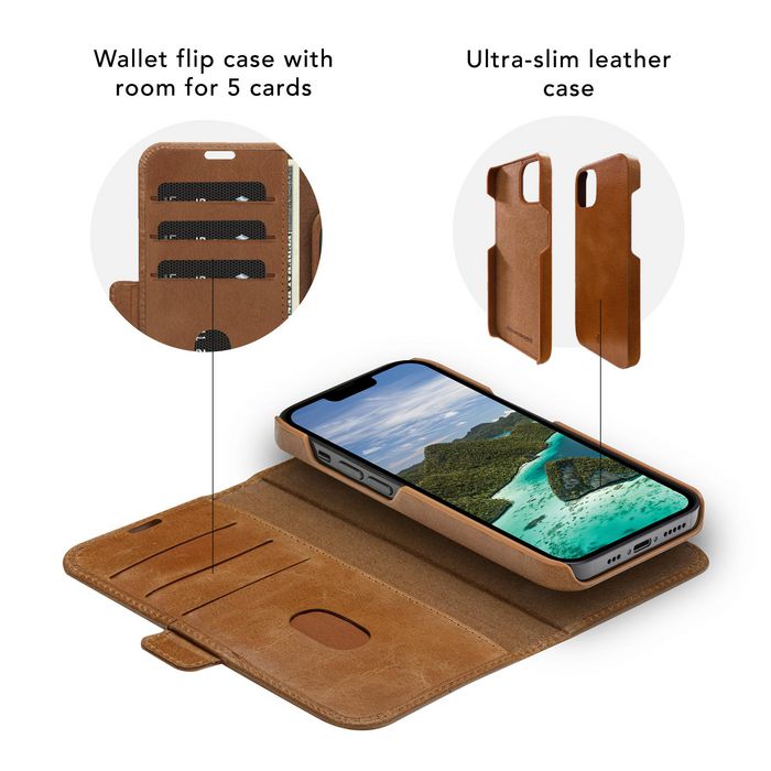 dbramante1928 Lynge Étui Portefeuille pour iPhone 14 Plus en Cuir Pleine Fleur Détachable, Protection Chocs, Chargement Sans Fil, Blocage RFID, Tan