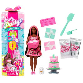 Barbie - Poupée Party Unboxed JFG71 - Coffret de Fête avec 10 Surprises et Cadeaux à Découvrir - Poupée Brunette aux Reflêts Roses et Chiot - Langues Multilingues