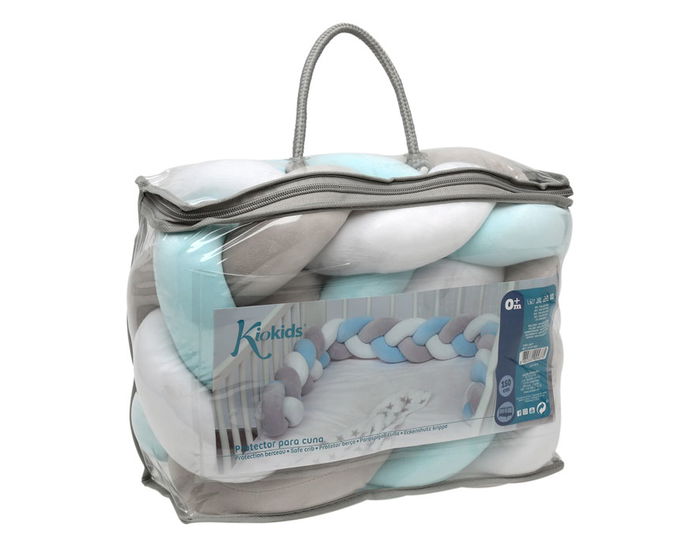 KioKids Protector de lit bébé et crible en tresse pour cribble et lit 1,50 mètres avec garniture bleu et gris, idéal chichonera et sécurité KioKids Protector de lit bébé et crible en tresse pour cribble et lit 1,50 mètres avec garniture bleu et gris, idéal chichonera et sécurité