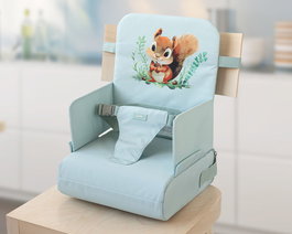 KioKids Salvia - Chaise haute pliante de voyage pour bébé avec dessin d'écureuil, ajustable 6-36 mois, harnais, bandoulière et poches