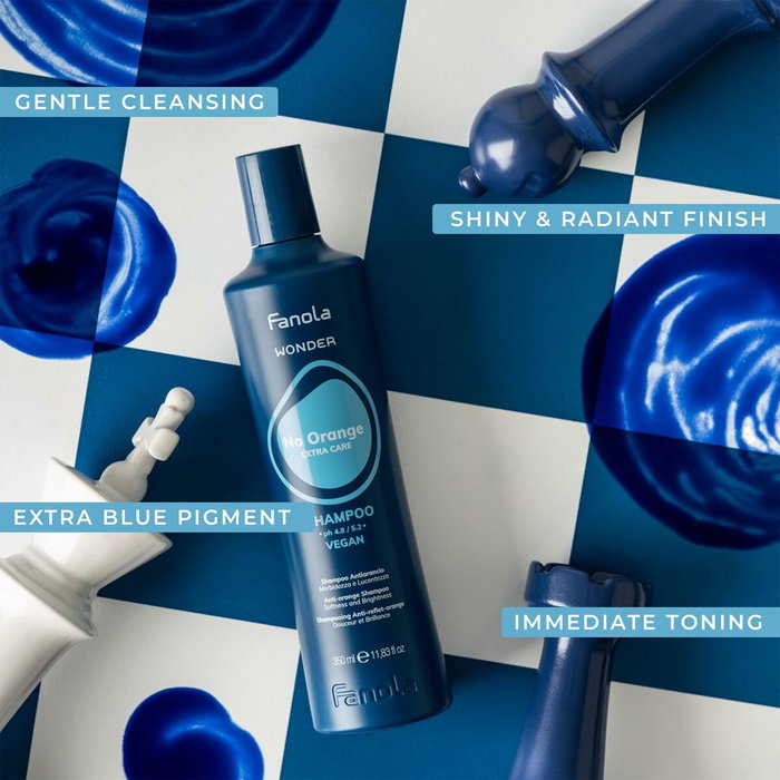 Fanola Wonder No Orange Shampoo Wonder - Shampooing neutralisant reflets orangés pour cheveux blancs et décolorés - Effet Icy Blue - Flacon 350 ml