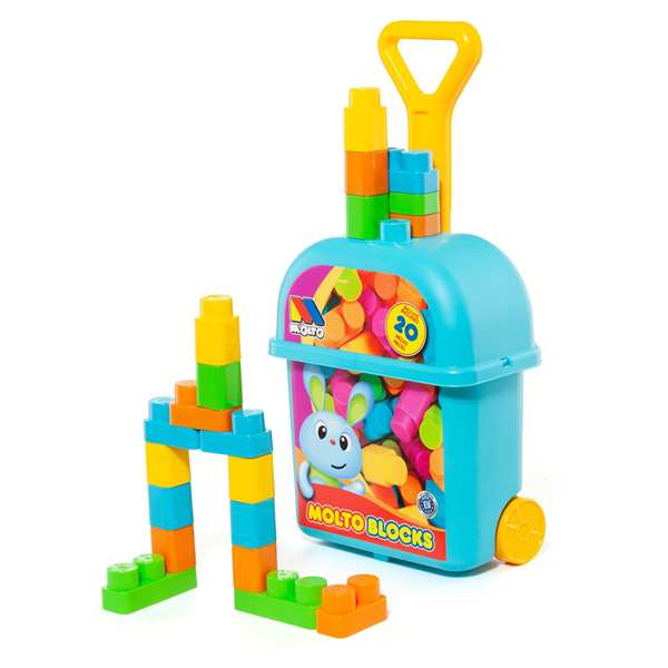 Molto - Carrosse Malette Trolley Bleu avec 20 Blocs de Construction - Jouet d'Éveil - À partir de 1 an
