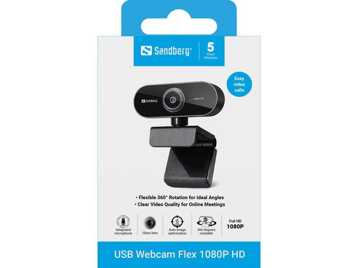 Sandberg Webcam USB Flex - Microphone intégré - Résolution Full HD 1080P - Installation sans pilote - Pour visioconférences et appels vidéo