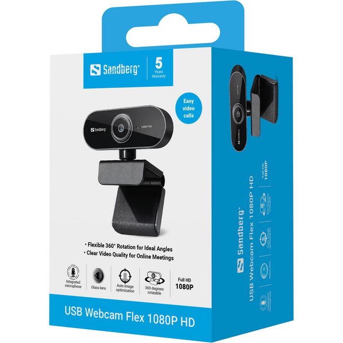 Sandberg Webcam USB Flex - Microphone intégré - Résolution Full HD 1080P - Installation sans pilote - Pour visioconférences et appels vidéo