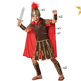 Costume Romain Enfant Légionnaire Soldat 7-9 Ans - Tunique, Casque, Cap Rouge, Protèges-poignets et Tibias