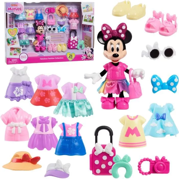 Disney Coffret Fashion Minnie Mouse - Poupée de 15 cm avec 25 pièces d'accessoires de mode : tenues, chapeaux, chaussures, sac, valise, appareil photo