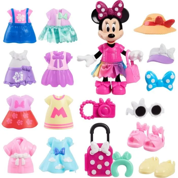 Disney Coffret Fashion Minnie Mouse - Poupée de 15 cm avec 25 pièces d'accessoires de mode : tenues, chapeaux, chaussures, sac, valise, appareil photo