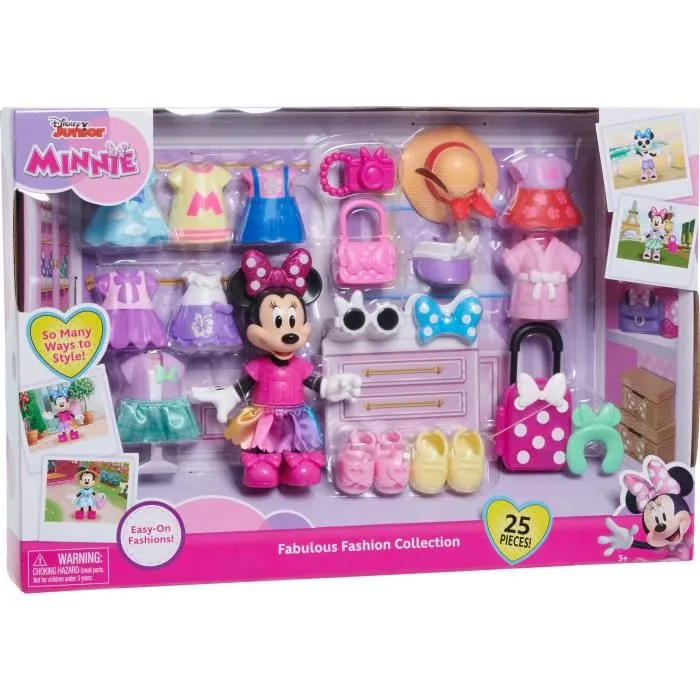 Disney Coffret Fashion Minnie Mouse - Poupée de 15 cm avec 25 pièces d'accessoires de mode : tenues, chapeaux, chaussures, sac, valise, appareil photo