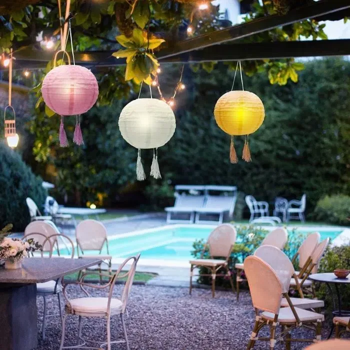 Lumisky Lampion solaire SHANGRI LA - Lot de 3 lanternes décoratives Ø20 cm, LED blanc chaud, couleurs rose, crème et orange