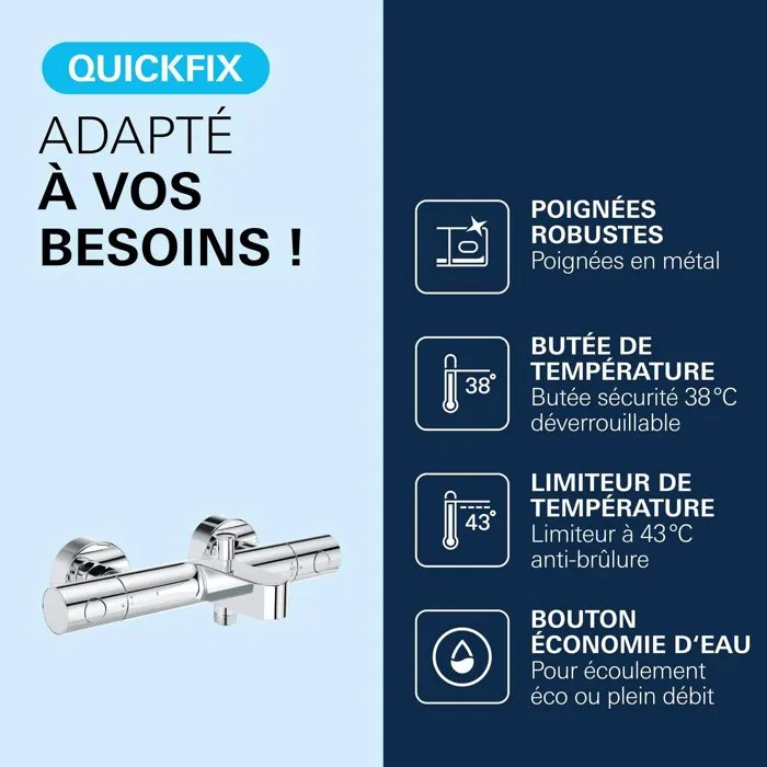 Grohe Precision Get Mitigeur thermostatique mural pour bain et douche chromé avec limiteur 43°C, butée et robinet éco