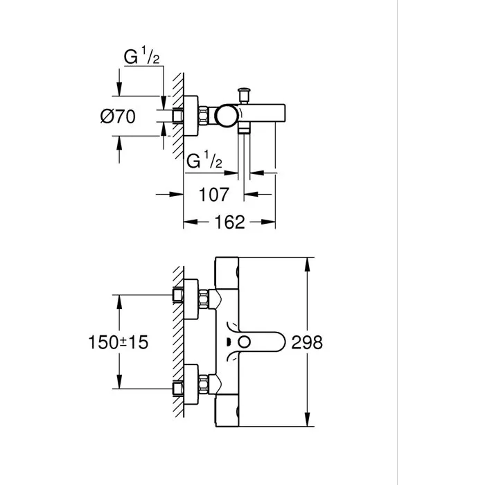 Grohe Precision Get Mitigeur thermostatique mural pour bain et douche chromé avec limiteur 43°C, butée et robinet éco