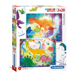 Clementoni Set Duo Puzzle Supercolor Drôles de dinos - 2 puzzles de 20 pièces pour enfants à partir de 3 ans - Unisexe