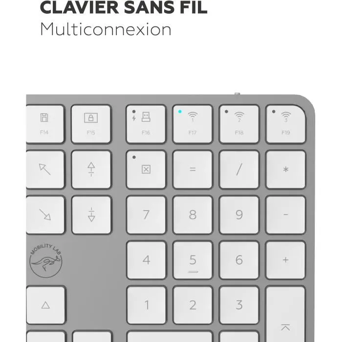 MOBILITY LAB Clavier sans fil KMP2000W AZERTY FR, Touches plates, Multi-connexions USB et Bluetooth, Blanc, 15 raccourcis multimédia, Recharge USB-C