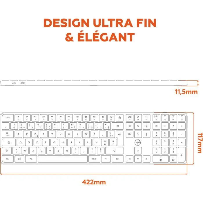 MOBILITY LAB Clavier sans fil KMP2000W AZERTY FR, Touches plates, Multi-connexions USB et Bluetooth, Blanc, 15 raccourcis multimédia, Recharge USB-C