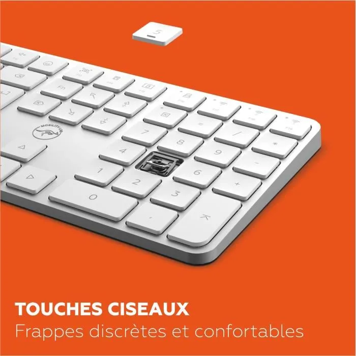 MOBILITY LAB Clavier sans fil KMP2000W AZERTY FR, Touches plates, Multi-connexions USB et Bluetooth, Blanc, 15 raccourcis multimédia, Recharge USB-C