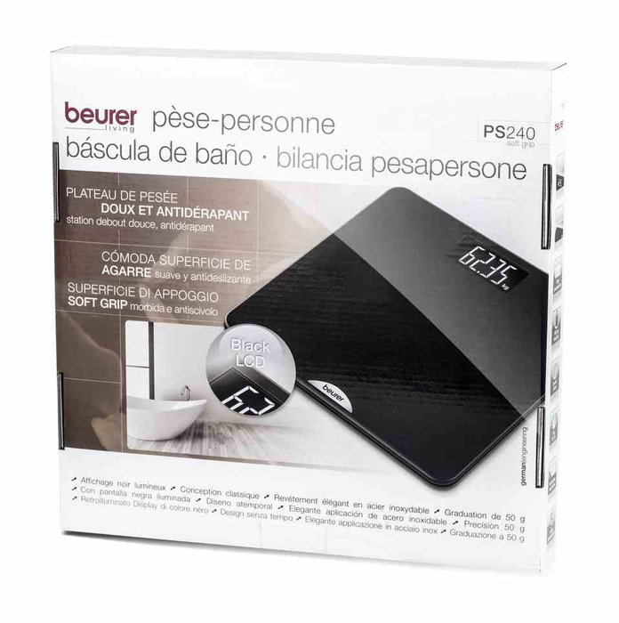 Beurer PS-240 Pèse-personne numérique avec poignée douce et surface en caoutchouc antidérapante, LCD rétroéclairé, démarrage automatique