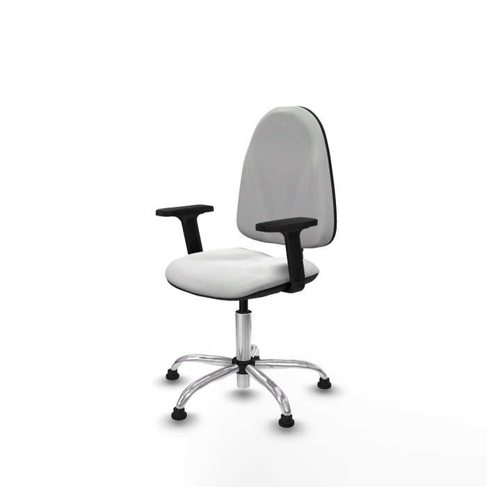 Chaise de bureau Algarra avec mécanisme de contact permanent de base, recouverte de tissu blanc. Équipée d'une base chromée, d'accoudoirs 2D et de butées Chaise de bureau Algarra avec mécanisme de contact permanent de base, recouverte de tissu blanc. Équipée d'une base chromée, d'accoudoirs 2D et de butées