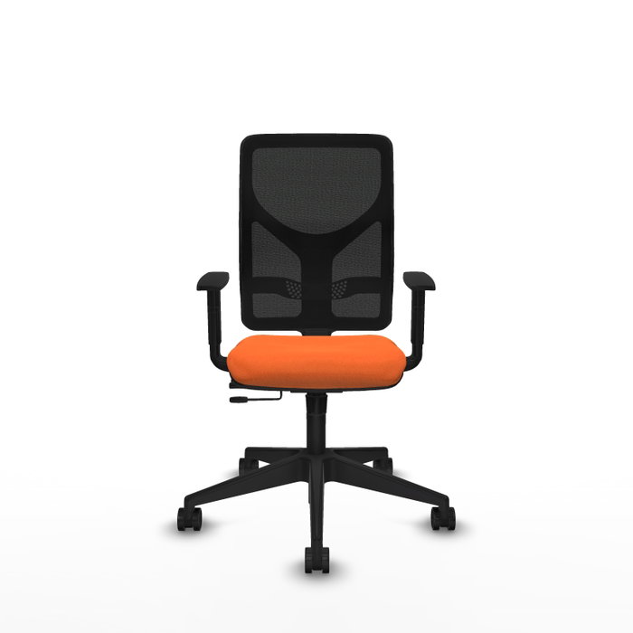 Chaise Motilla Synchrone/Traslack tissu Orange Maille Noir Base pyramidale noire Accoudoir 1D Sans appui-tête Roulettes 65mm nylon