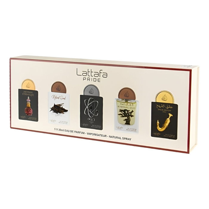 Lattafa Set de 5 Eaux de Parfum pour Femme: Artisan Ethnique, Natural Oud, Tharwah Silver, Eternal Oud & Shuyukh Gold 20 ml Lattafa Set de 5 Eaux de Parfum pour Femme: Artisan Ethnique, Natural Oud, Tharwah Silver, Eternal Oud & Shuyukh Gold 20 ml