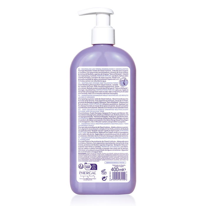 Clearé Institute Shampooing Violet Matisant 400 ml - Neutralise les nuances jaunes et orange, hydrate et apporte brillance