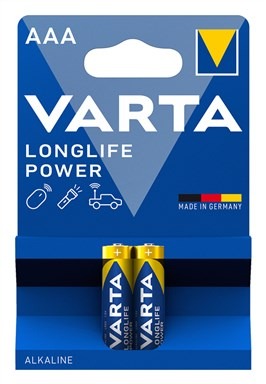 Varta 4903121412 Piles alcalines LR03 AAA Longlife Power 2 unités, haute puissance pour jouets, souris sans fil et lampes de poche, conservation 10 ans