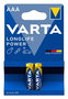 Varta 4903121412 Piles alcalines LR03 AAA Longlife Power 2 unités, haute puissance pour jouets, souris sans fil et lampes de poche, conservation 10 ans