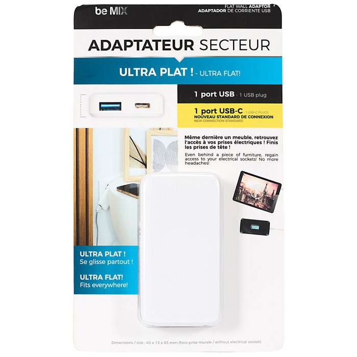 Be Mix Adaptateur de courant ultraplat USB-C et USB 36 W