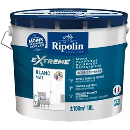 Ripolin Peinture mur et plafond monocouche mat blanc 10L, peinture haute qualité ultra couvrante pour murs, boiseries, radiateurs