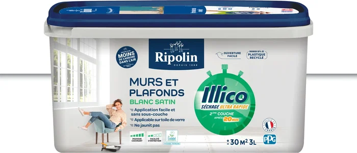 Ripolin - Peinture pour murs et plafonds, finition satinée, blanc, format 3 L, fabrication française