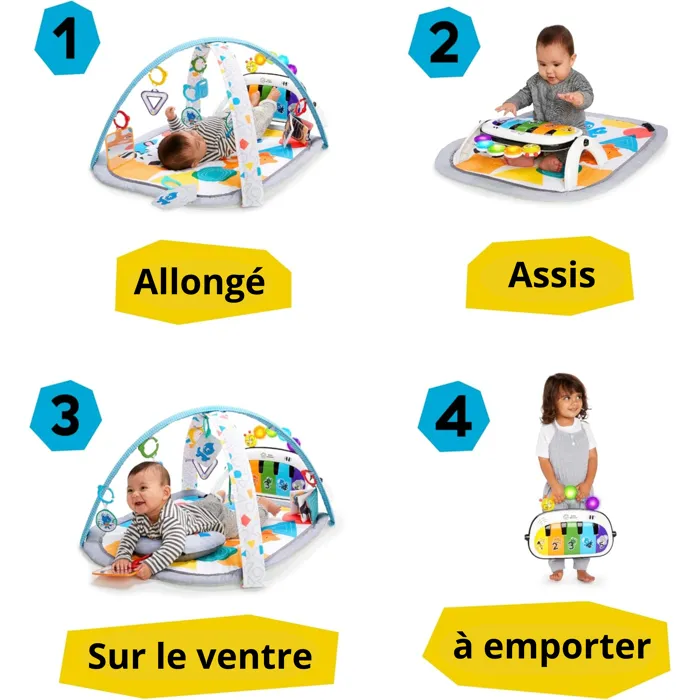 Baby Einstein Kickin' Tunes Tapis d'éveil évolutif 4-en-1 pour bébé, avec piano amovible, arche de jeu, musical et multilingue