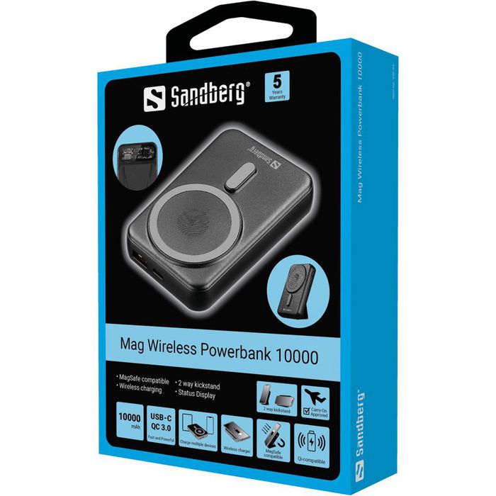 Sandberg Powerbank sans fil magnétique 10000 mAh compatible MagSafe avec écran LCD et chargement rapide USB-C 22,5W