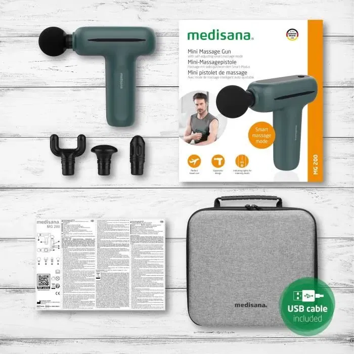 Medisana MG 200 Pistolet de Massage Percussion Musculaire, 5 Niveaux et Mode Intelligent, Léger 370 g, Autonomie 8h, Gris/Vert