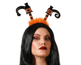 Serre-tête de sorcière noire avec cornes orange et plumes orange et noir