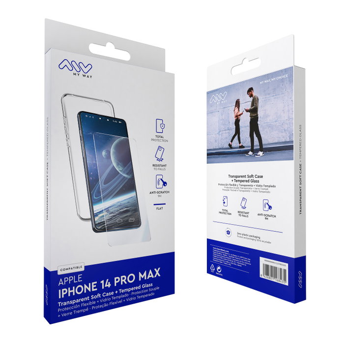 Myway Coque TPU + Verre Trempé pour Apple iPhone 14 Pro Pack Protection Transparent Myway Coque TPU + Verre Trempé pour Apple iPhone 14 Pro Pack Protection Transparent