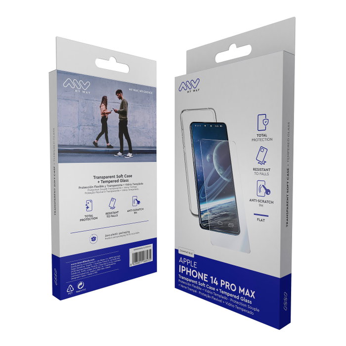 Myway Coque TPU + Verre Trempé pour Apple iPhone 14 Pro Pack Protection Transparent Myway Coque TPU + Verre Trempé pour Apple iPhone 14 Pro Pack Protection Transparent