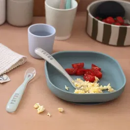 Beaba - Lot de 4 cuillères en silicone 1er âge - Set de couleurs Galet, Bleu nuage, Bleu baltique, Argile - Pour bébé dès 4 mois