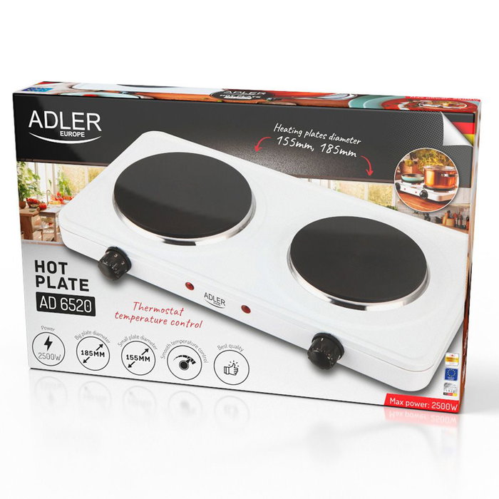 Adler Cuisinière électrique 2 feux 2500 W Blanche 46 x 26,5 x 7 cm Adler Cuisinière électrique 2 feux 2500 W Blanche 46 x 26,5 x 7 cm