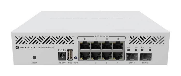 MikroTik CRS310-8G+2S+IN - Commutateur réseau 10 ports avec 8 ports Ethernet 2.5G, 2 ports SFP+ 10G, USB, montage rack 1U, 34 W, blanc