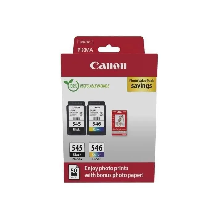 Canon PG-545 XL + CL-546 XL - Pack de 2 cartouches d'encre noir et couleur compatible PIXMA + Papiers photo Canon PG-545 XL + CL-546 XL - Pack de 2 cartouches d'encre noir et couleur compatible PIXMA + Papiers photo