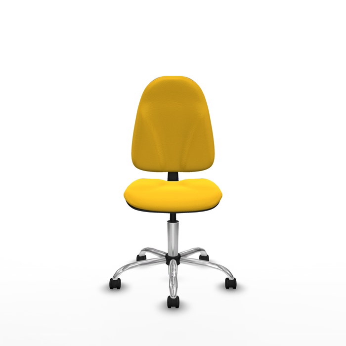 Chaise de bureau Algarra avec mécanisme de contact permanent de base, rembourrée en simili cuir jaune. Équipée d'une base chromée, sans accoudoirs et de roulettes en nylon de 50 mm. Chaise de bureau Algarra avec mécanisme de contact permanent de base, rembourrée en simili cuir jaune. Équipée d'une base chromée, sans accoudoirs et de roulettes en nylon de 50 mm.