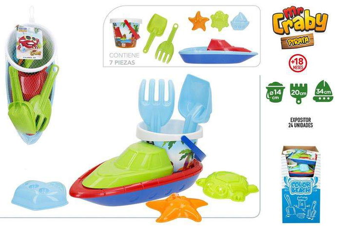 Color Baby Set de Plage Mr Craby Pirate Bateau avec Seau, Tamis, Pelles et Moules pour Enfant dès 18 Mois