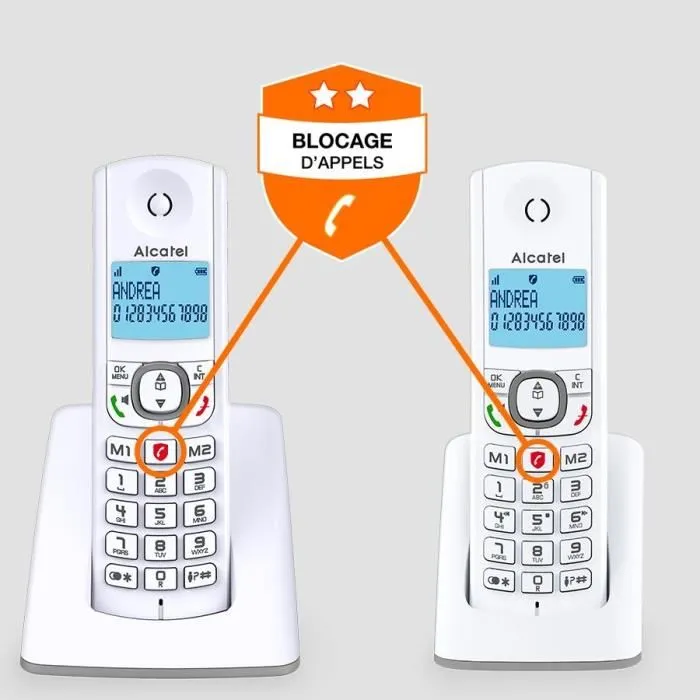 Alcatel F530 Duo Téléphone DECT sans fil avec 2 combinés, fonction blocage d'appels, mains libres, 2 mémoires directes, écran rétroéclairé - Blanc/Bleu Alcatel F530 Duo Téléphone DECT sans fil avec 2 combinés, fonction blocage d'appels, mains libres, 2 mémoires directes, écran rétroéclairé - Blanc/Bleu