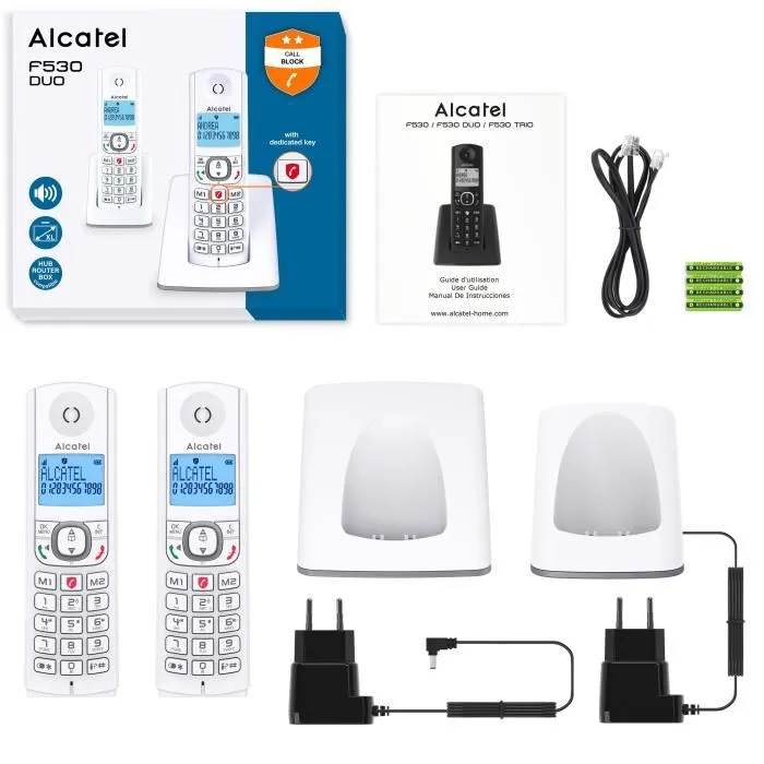 Alcatel F530 Duo Téléphone DECT sans fil avec 2 combinés, fonction blocage d'appels, mains libres, 2 mémoires directes, écran rétroéclairé - Blanc/Bleu Alcatel F530 Duo Téléphone DECT sans fil avec 2 combinés, fonction blocage d'appels, mains libres, 2 mémoires directes, écran rétroéclairé - Blanc/Bleu
